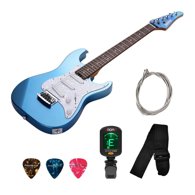 Kids' Right-Handed Electric Guitar with Alder Body & Maple Neck/Fingerboard - 22 Frets, S-S-S Pickups, 6-Saddle Bridge, Volume/Tone Controls - Includes Strings, Tuner, Picks, Strap & Gig Bag - Blue