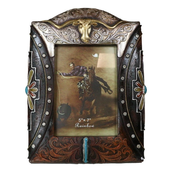 Western Longhorn Tooled Silver Concho Turquoise Gems Picture Photo Frame 5"X7"