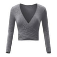 thumbnail image 4 of Oplxuo Womens Slim Fitted Sexy Deep V Neck Cross Wrap Crop Tops Solid Color Ruched Long Sleeve T-Shirts Blouses, 4 of 4