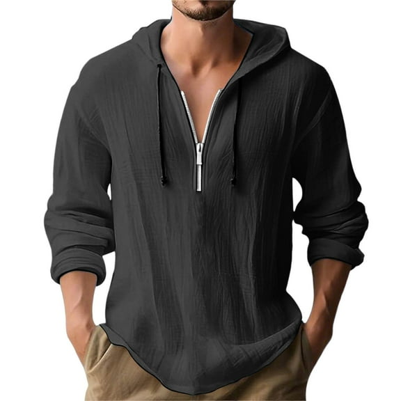 Men's Cotton Linen Hoodies Long Sleeve Zip Up Sweatshirt Casual Lightweight Beach Cardigan Relaxed Fit Summer Fall Pullover