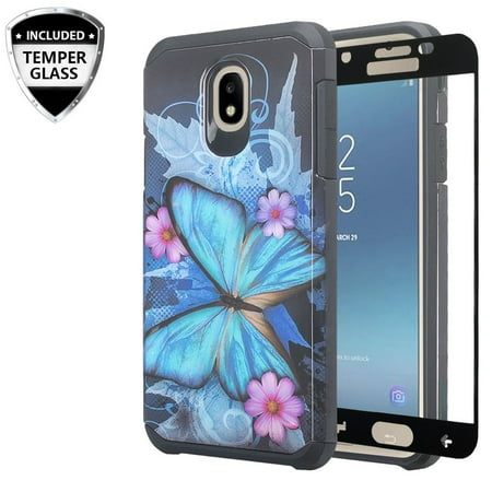 For Tracfone For Samsung Galaxy J7 Crown (S767VL) Case Case w/[Tempered Glass] Hybrid Shockproof Drop Protection Impact Rugged Heavy Duty Dual Layer Armor Case - Blue Butterfly