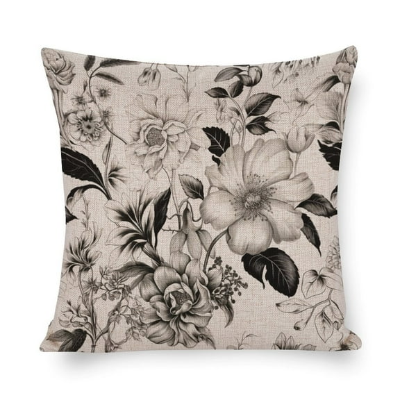 Outdoor Throw Pillow Covers Black White Vintage Botanical Floral Toile Cushion Pillow Cover 16"x16" Victorian Bouquet Classic Floral Linen Cushion Case Outdoor Home Decoration for Couch Sofa Bed