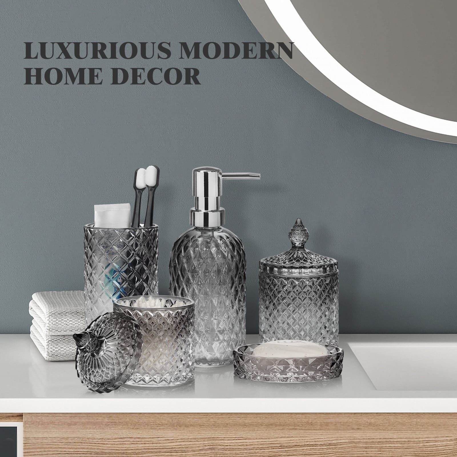Bathroom Soap Dispenser Set, 5-Piece Glass Bathroom Accessories, Modern Bathroom Decor, Bathroom Glass Accessories Set, Gradient Dark Gray