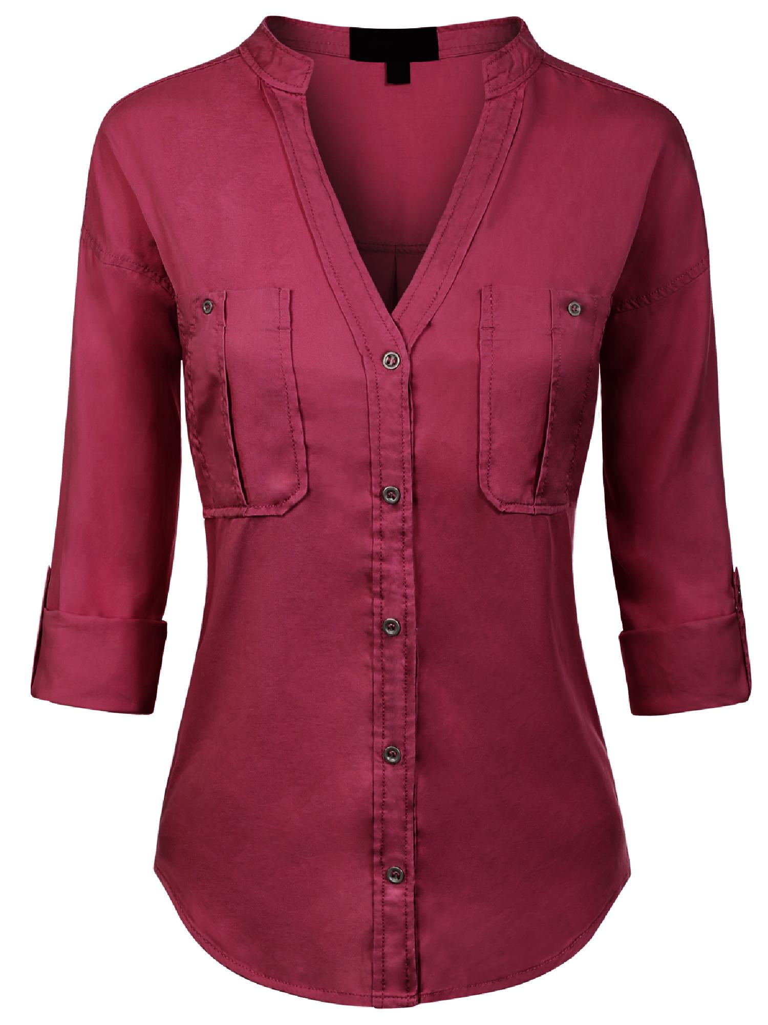MixMatchy Womens Long Sleeve Solid Split Neck Tencel Button Down Shirt Blouse Dark Denim S 