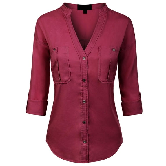 Made by Olivia Women's Long Sleeve Solid Split Neck Tencel Button Down Shirt Blouse