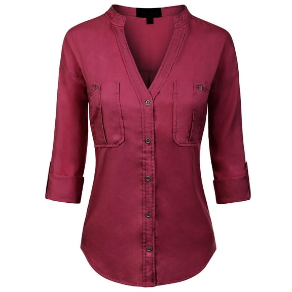 Made by Olivia Women's Long Sleeve Solid Split Neck Tencel Button Down Shirt Blouse