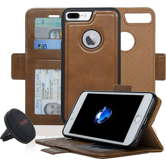 navor Detachable Magnetic Wallet Case and Universal Car Mount Compatible for iPhone 7 Plus [RFID Protection] [Vajio Series] -Brown