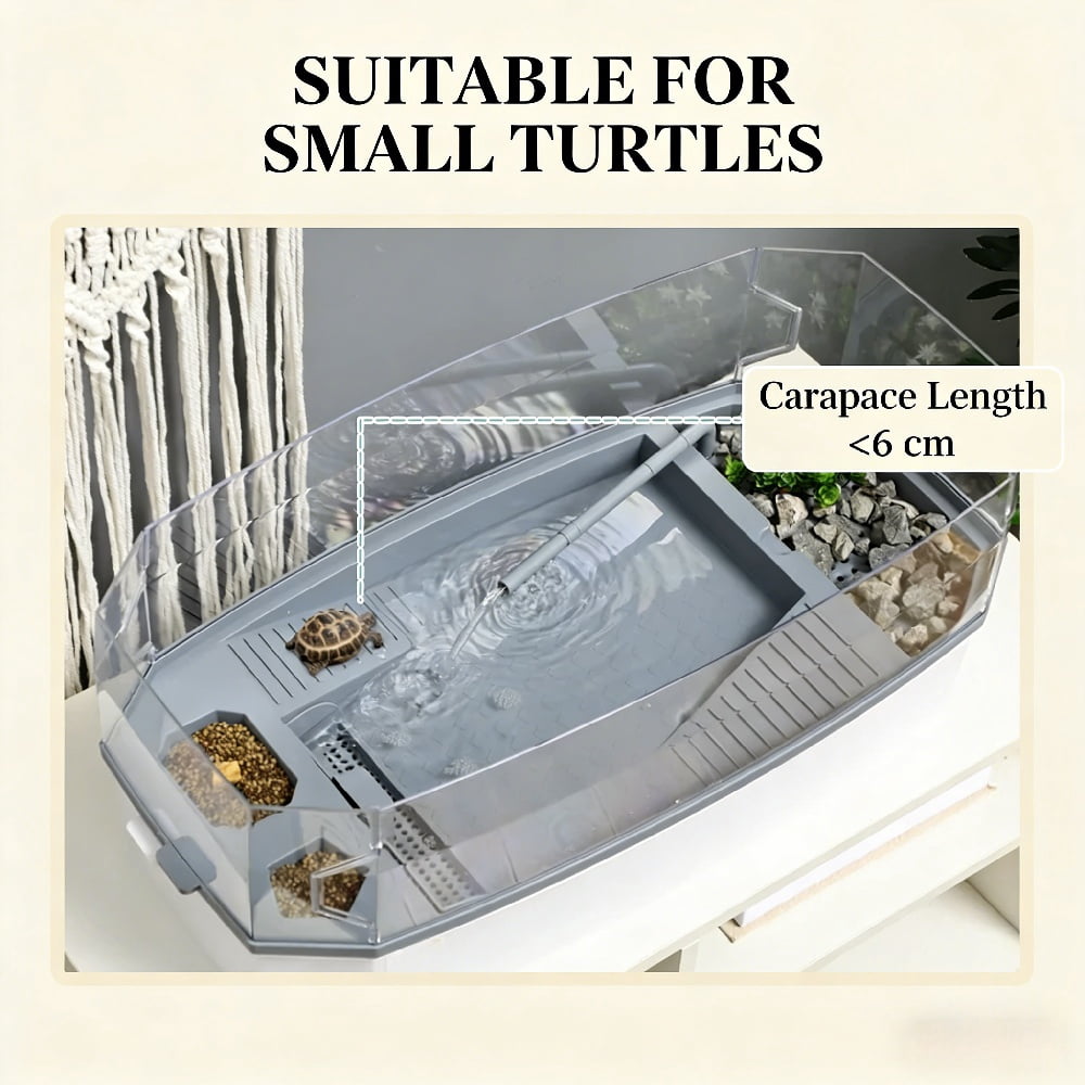Turtle Tank Reptile Habitat Aquarium Indoor Terrarium 24.5In 3-Layer Filtration System Water Pump Circulation Basking Climbing Diving Areas Drainage Holes White Polypropylene PC Assembly