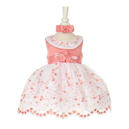 Stylesilove Wholesale Embroidered Flower Round Neck Little Girl Dress and Headband (12M, Coral)