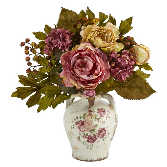 Nearly Natural 16in. Peony Artificial Arrangement in Flower Print Jar, Pink