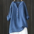 thumbnail image 3 of Blusa holgada de algodón y lino con cuello alto, manga larga y botones en color liso, 3 of 5
