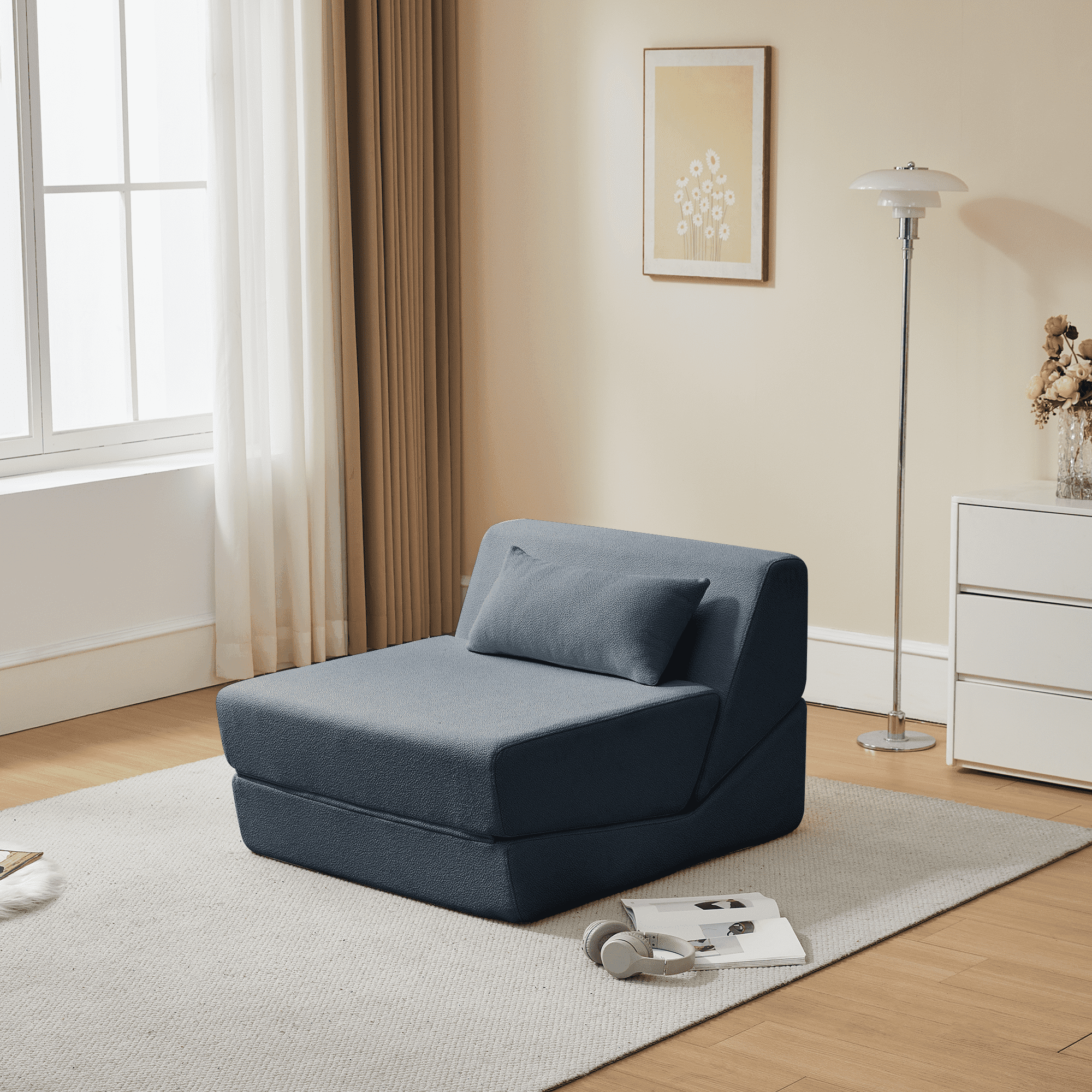 MAYEERTY Leisure Convertible Alpaca Wool Fabric Sofa Chair Modern 2-in-1 Functional Compressed Sofa Bed Perfect for Small Space Living Room Dormitory Apartment Study