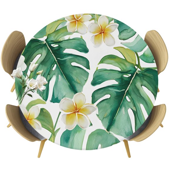 Round Fitted Tablecloths with Elastic Edge Tropical Botanical Monstera Oil-Proof Waterproof Wipeable Table Cover for Kitchen Dining Party Decor White Floral Art Table Clothes,36" - 44"