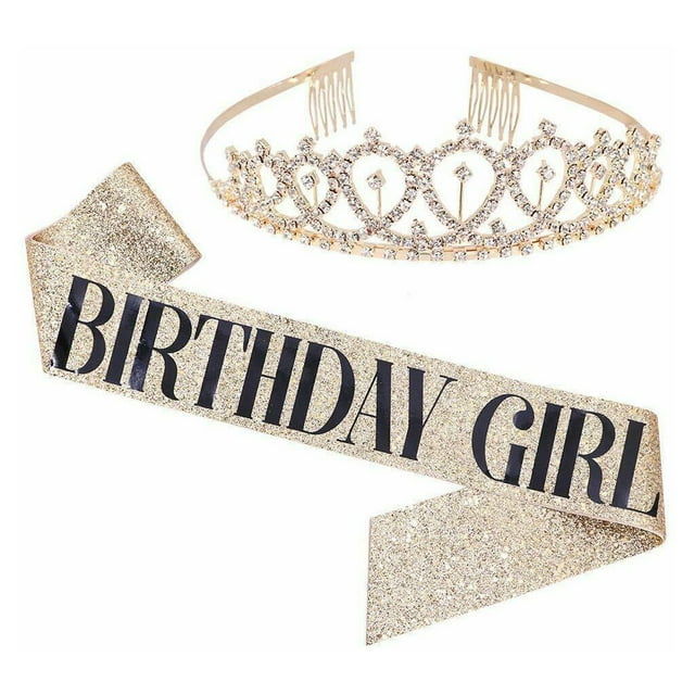 tredstone Women Men Shining Rhinestone Headwear Ribbon Shoulder Strap Set Portable Decorative Sash Headband Birthday Supplies Gold