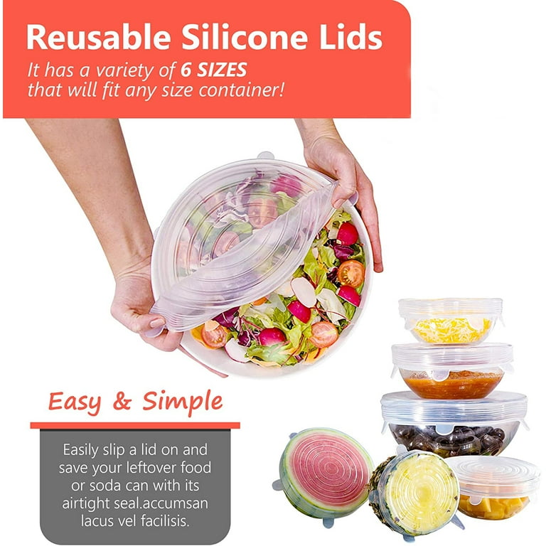 Silicone Stretch Lids, 6-Pack of Various Sizes Reusable Silicone Lids for  Different Shapes of Containers - Eco-Friendly, Dishwasher Safe - BPA-free  and Leak-proof (Clear) 
