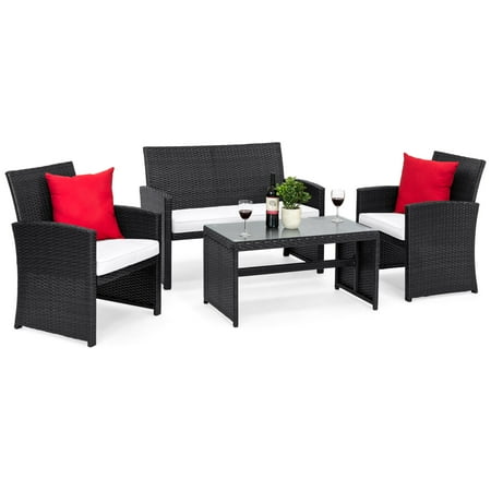 Best Choice Products 4-Piece Wicker Patio Furniture Set w/ Tempered Glass, 3 Sofas, Table, Cushioned Seats - Black
