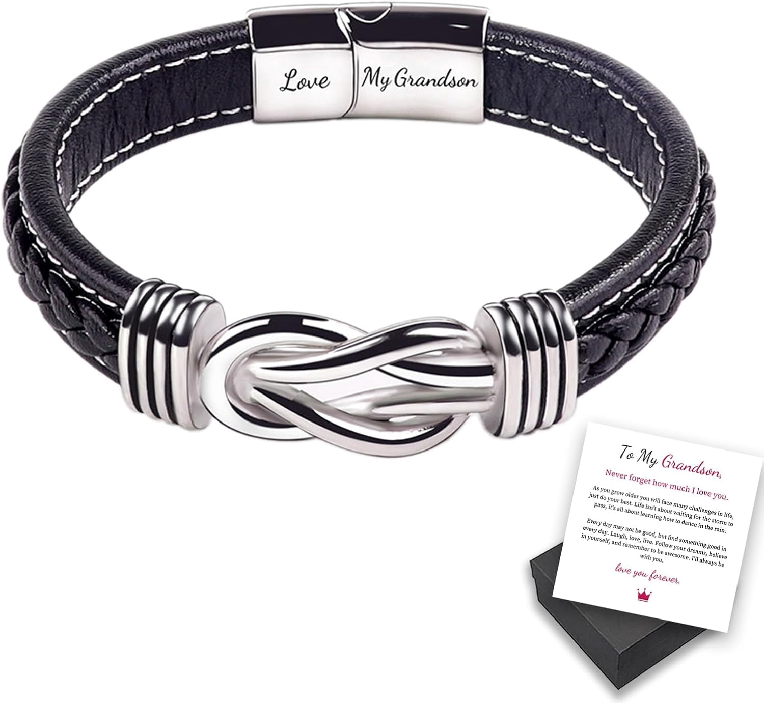 to My Grandson, Grandmother and Grandson Forever Linked Together Leather Braided Bracelet, Men's Braided Leather Knot Wristband Cuff Bracelet, Inspirational Bracelet Gift