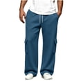 thumbnail image 2 of Men's Cargo Wide Leg Sweatpants with Pockets Classic Drawstring Waist Loose Straight Trousers, Soft Knit Casual Daily Sports Pants Blue L, 2 of 8