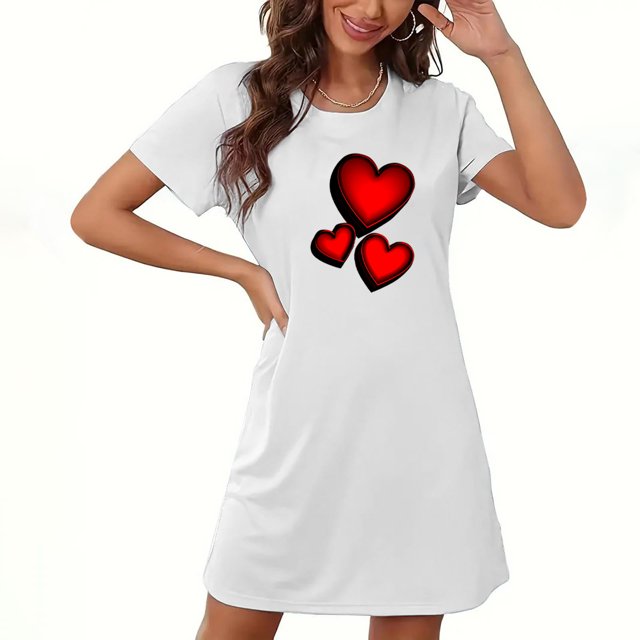 Camisón corto de San Valentín para mujer, talla grande, estampado en el pecho, cuello redondo, manga corta