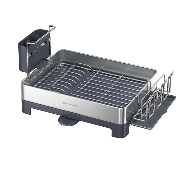 SONGMICS Escurreplatos de Acero Inoxidable, Escurridor de Platos, con Portavasos, para Cocina, 31.7 x 57.2 x 24.6 cm, Plata y Gris