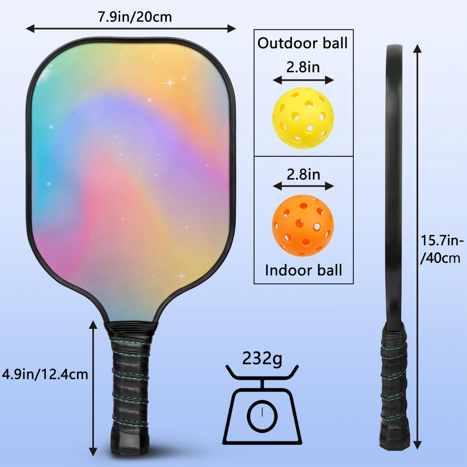 Pickleball Paddles Set Of 1, Fiberglass Surface, Vibrant Rainbow Print, 1 Paddle, 2 Balls & Bag