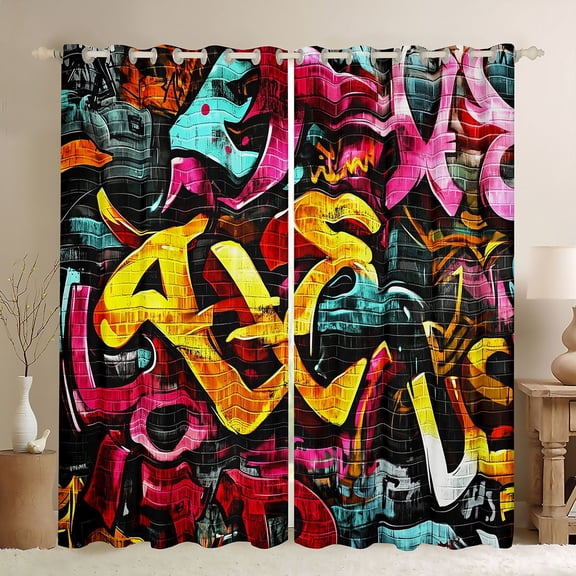 Homewish Cartoon Graffiti Black Out Curtains, Hip Hop Lover Curtains Pack of 2 (42x63 Each), Teens Kids Boys Girls Bedroom Curtains, Living Room Curtains Decor