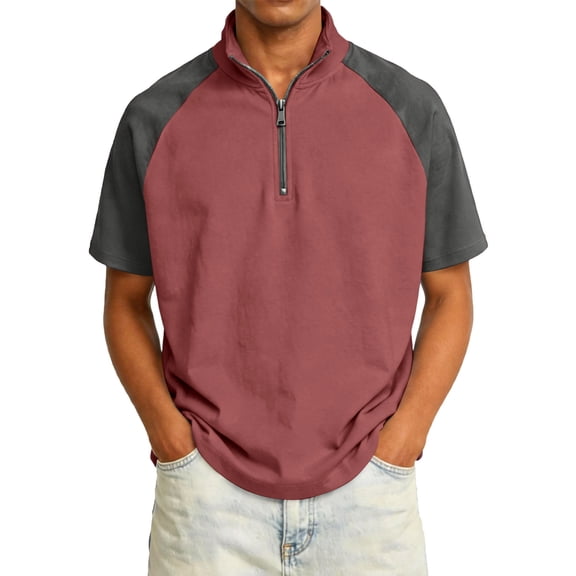 Bbyeadc Mens Golf Shirt Short Sleeve Quarter Zip Collared Polo Shirt Breathable Color Block Top Casual Beach Vacation Tee,Red (Large)