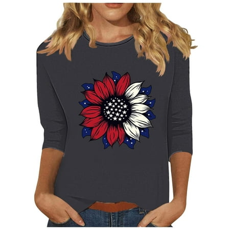 3/4 Sleeve Tee Shirts July 4Th Shirts for Women Sale Casual Tshirts Shirts Long Sleeve Tee Shirts Oversized Tshirts for Women Gym Women s Fashion Printed T-Shirt Blouse Round Neck Tops