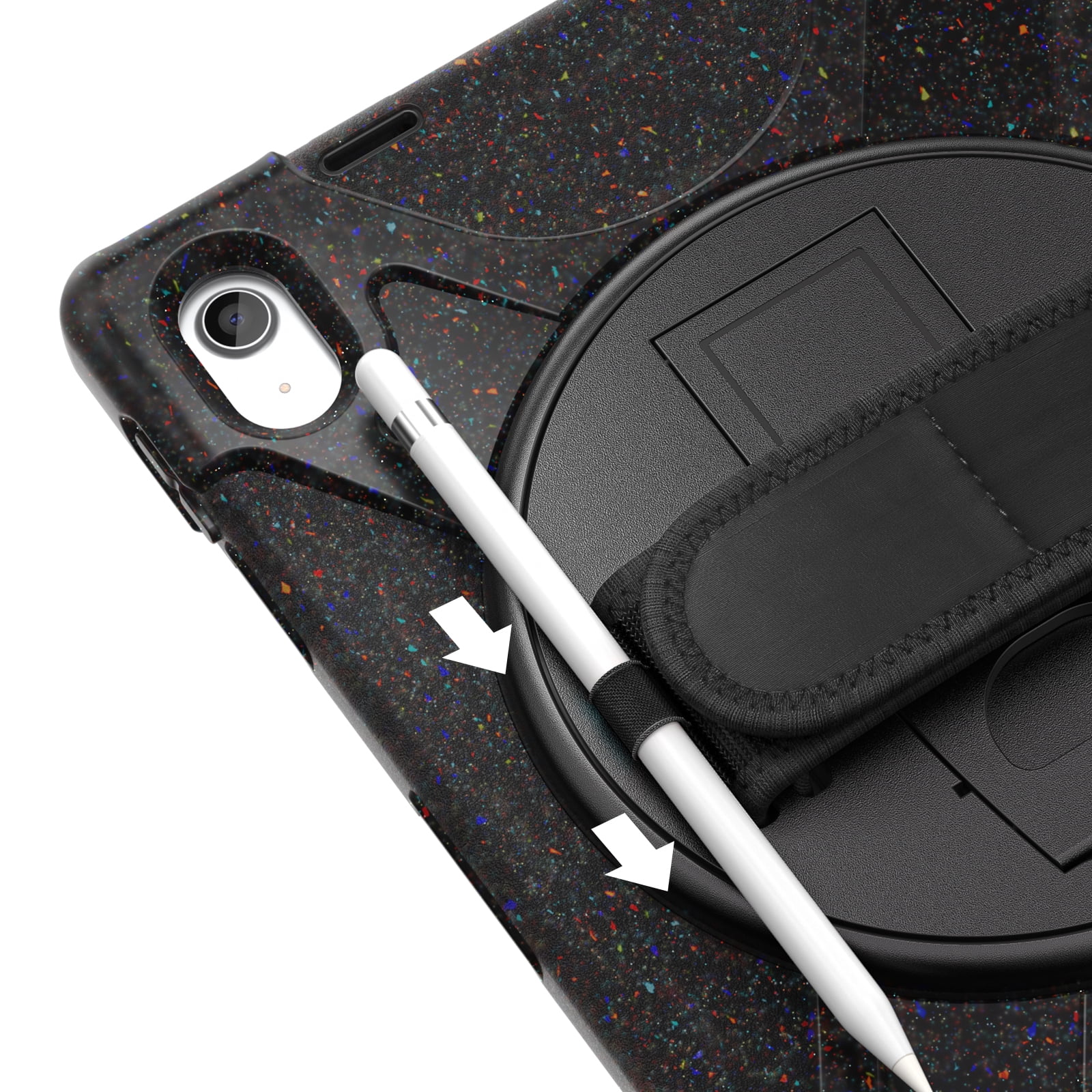 ELEHOLD Case For Apple iPad 11th(A16) 2025/10th Gen 2022, Military Grade Silicone Hybrid Rugged Case with Pencil Holder Rotating Stand Hand/Shoulder Strap,Colorful Black