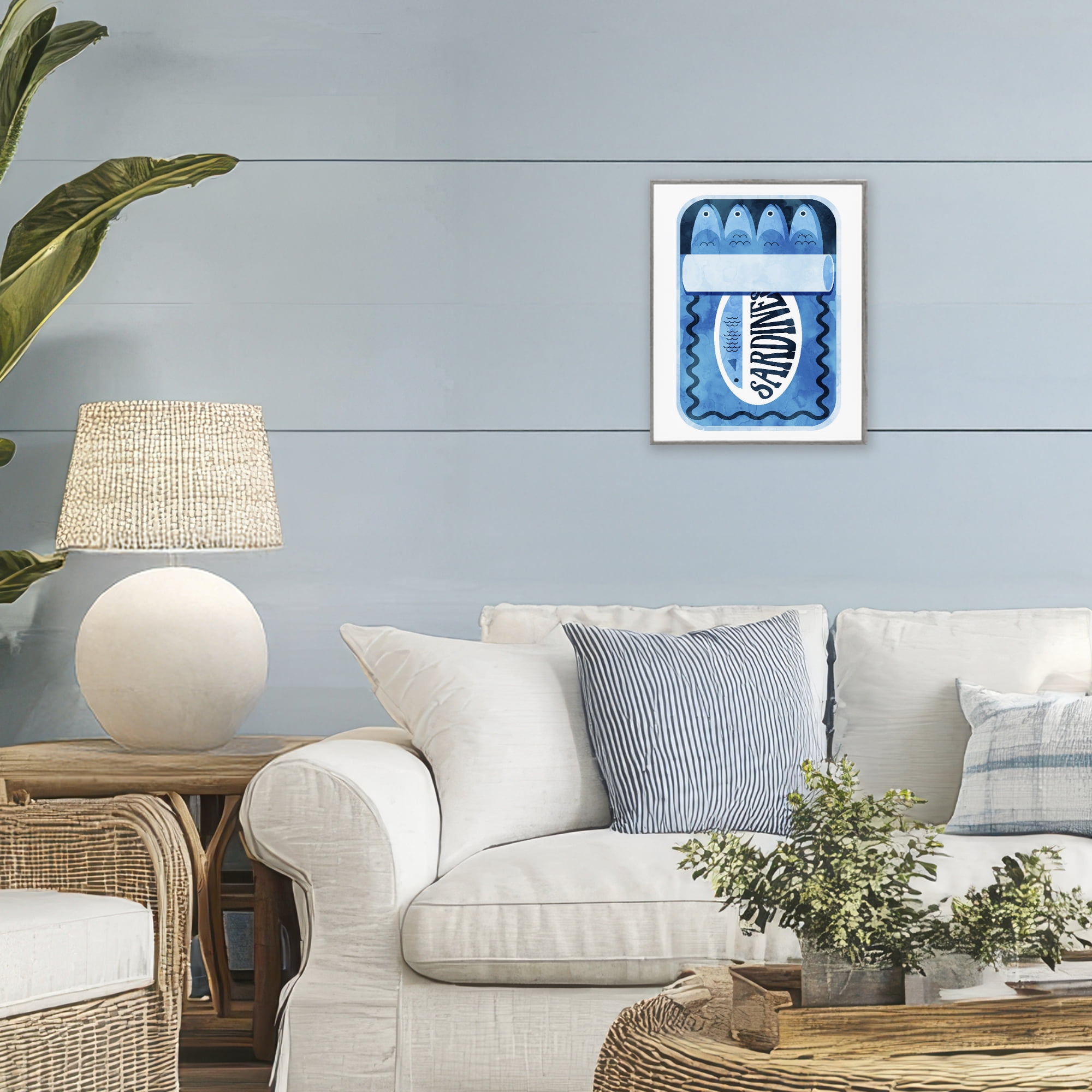 Retro Blue Sardine Tin Gray Framed Giclee Art, design by Daphne Polselli