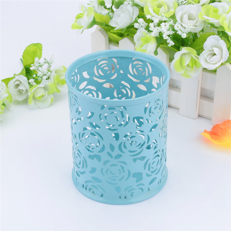 Creative Carved Hollow Rose Flower Pattern Cylinder Metal Pencil Pot Pen Container Organizer for