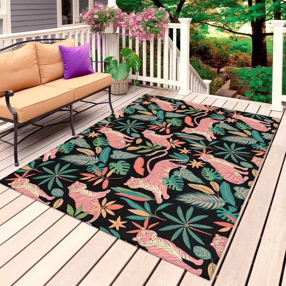 Farmhouse Tiger Outdoor Rug for Patio/Deck/Porch, Non-Slip Large Area Rug 3 x 5 Ft, Summer Watercolor Animals Palm Trees Indoor Outdoor Rugs Washable Area Rugs, Reversible Camping Rug Carpet Runner