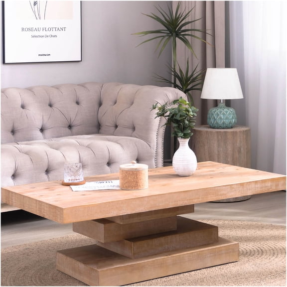 Modern Farmhouse Coffee Table with Stacked Block Base, Rustic Wood Finish Rectangular Center Table for Living Room