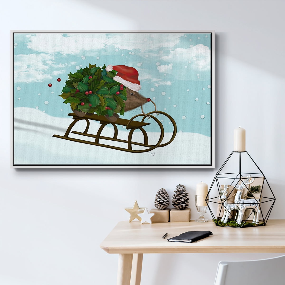 Christmas Holly Hedgehog Sledding - Framed Gallery Wrapped Holiday Canvas - 17 x 25 - White Frame