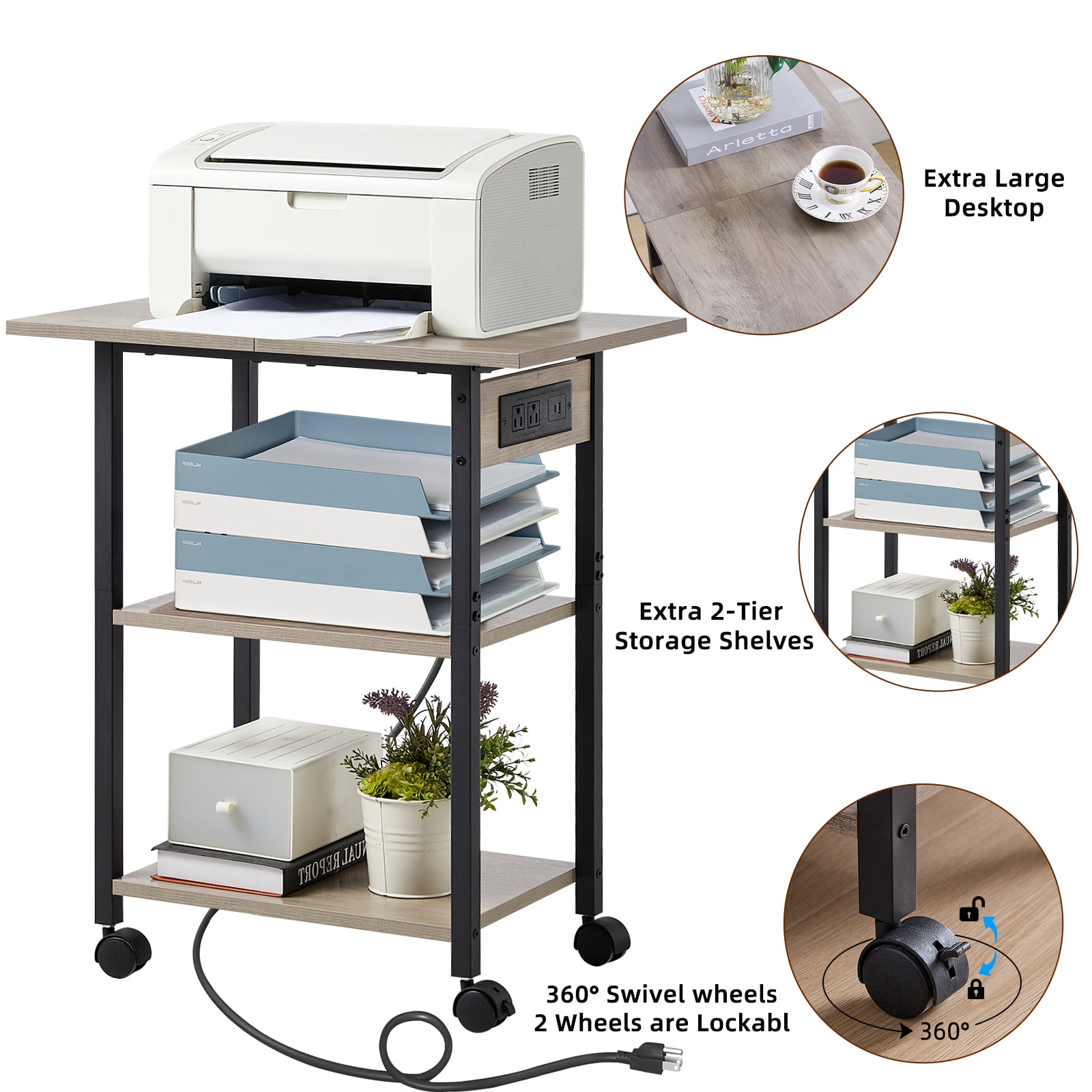 3 Tier Leyaoyao Printer Stand, Computer Tower Stand with Industrial Lockable Wheels & Storage Drawer Large Mobile Table for Home Office Multi-Equipment Organization, Oak
