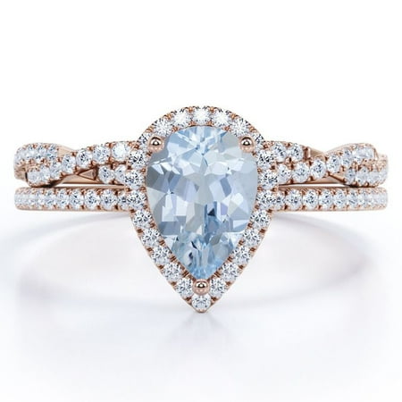 JeenMata Halo Pave Design - 1.25 Carat Teardrop Created Aquamarine and Moissanite - Infinity Twisted Shank Wedding Ring Set - 18K Rose Gold Plating over Silver