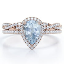 JeenMata Halo Pave Design - 1.25 Carat Teardrop Created Aquamarine and Moissanite - Infinity Twisted Shank Wedding Ring Set - 18K Rose Gold Plating over Silver