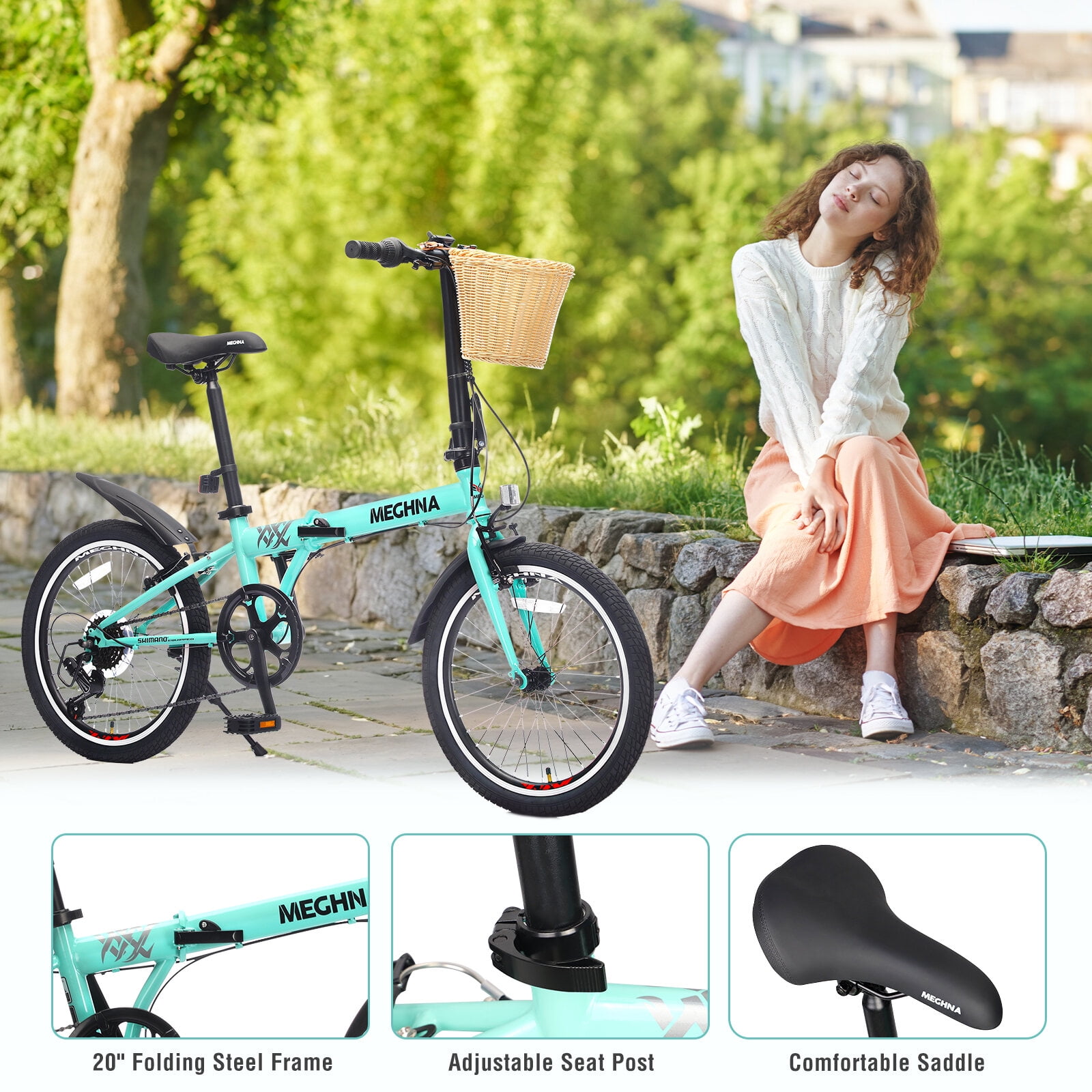 Mountain Bikes 20 Inch Folding Bike for Adults with Basket, Phone Holder & Fenders, Steel Frame 6-Speed City Commuter, Dual V-Brake Portable Compact Bicycle for Men & Women,Road Bikes