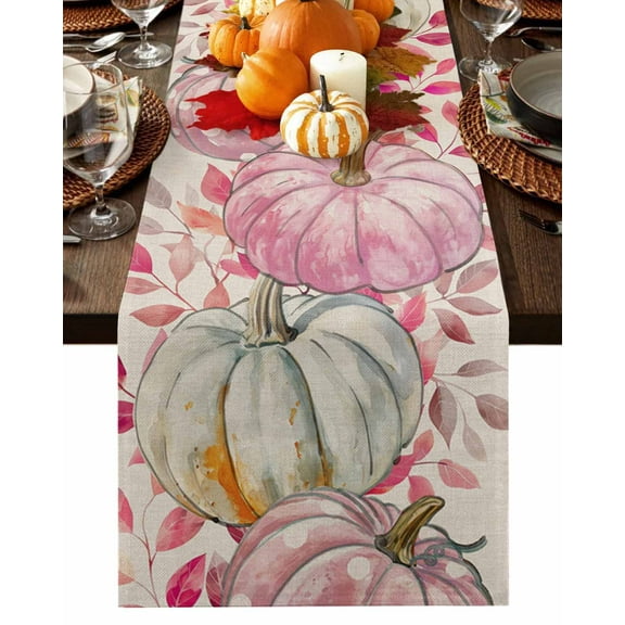 Fall Table Runner Thanksgiving Watercolor Pink Pumpkin Table Runners Leaves Plant Cotton Linen Dresser Scarf Kitchen Dining Table Decor for Fall Holiday Party Decor 13x36 Inch