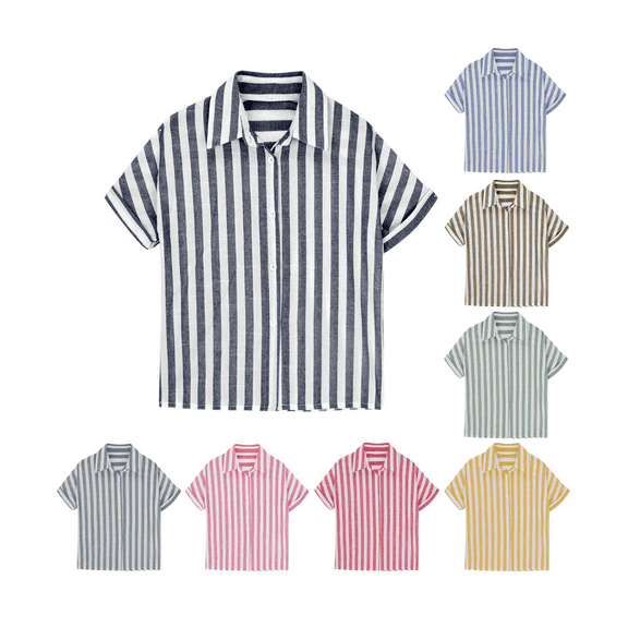 Ahuyic Summer Kids' Casual All Match Blouse, Solid Color Loose Short Sleeve Top For Girls And Boys,Children's Summer Striped Priting Casual T-Shirt Button Lapel Short-Sleeved Loose Top
