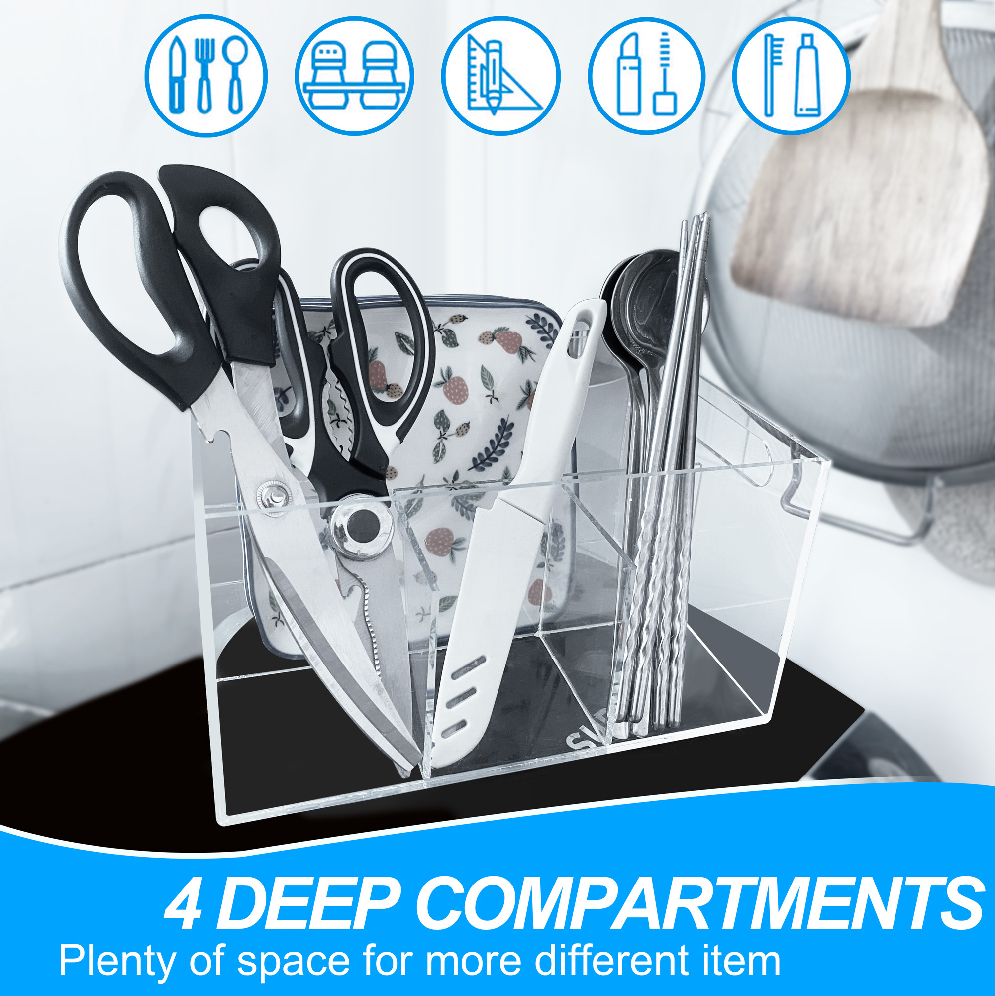 YiePhiot Acrylic Utensil Caddy RV Utensil Caddy, Silverware, Napkin Holder, and Condiment Organizer, 4 Compartments, Organizes Forks, Knives, Spoons, Plates & more, Ideal for Kitchen, Dining, Picnics
