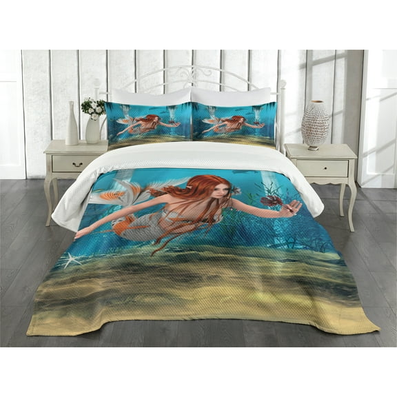 Ambesonne Mermaid Quilted Bedspread Set 3 Pcs, Magic Aqua Sea Lily, King Size, Burnt Sienna Pale Blue
