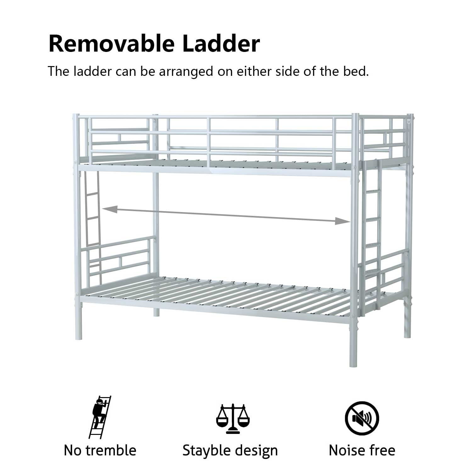 Kadyn Twin Over Twin Metal Bunk Bed, Steel Over Twin Bunk Bed with Removable Ladder, Modern Bunk Bed Frame for Teens, Silver