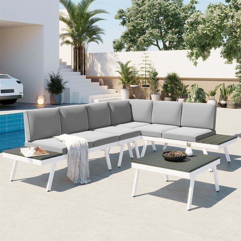 Patio Furniture 5 Piece Aluminum Outdoor Furniture Set Modern Garden Sectional Sofa Set with End Tables Coffee Table and Furniture Clips for