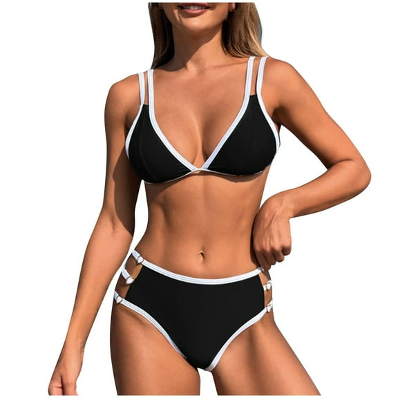 Bigersell Women Cheeky Bikini Sets, Spaghetti Straps V-Neck Cut Out Bathing Suits, High Waisted Two Piece Swimsuit Bikini Bottoms Swimwear for Beach & Pool Black S