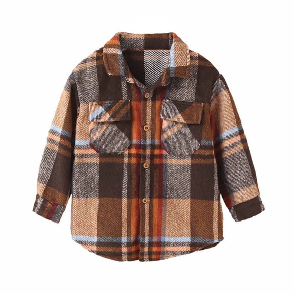 Odeerbi Toddler Winter Coat Kids Boys Girls Outerwear Jackets Flannel Shirt Jacket Plaid Long Sleeve Lapel Button Down Shacket Shirts Coats Fall Tops Brown