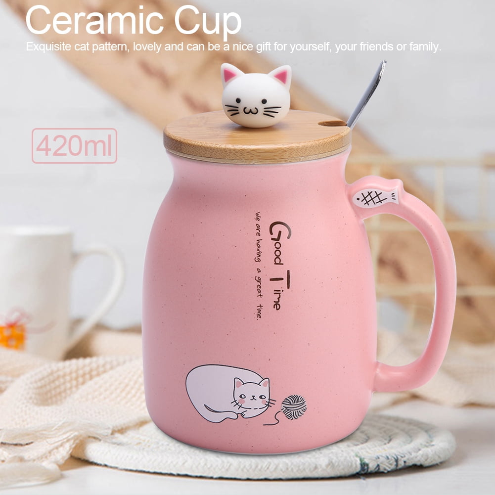 380ml/15oz Tasses de Chat en Céramique Mug avec Tasse de chat,Tasse à café en céramique mignonne avec Lovely Kitty couvercle en Cuillère en acier inoxydable （rose）