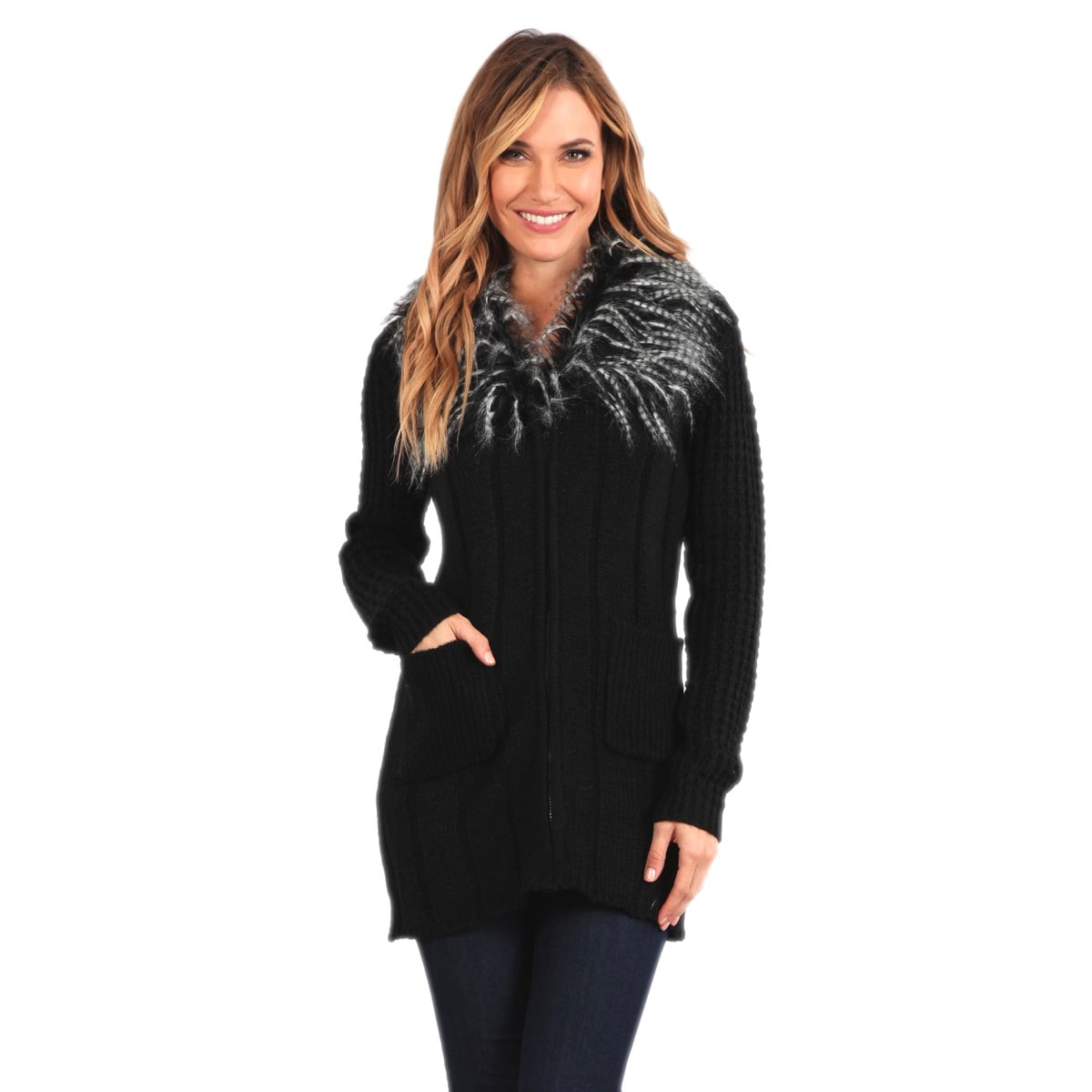 Crazy4Bling S-Twelve Faux Fur Collar Black Zipper Cardigan Sweater w/Front Pockets, Small