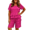 thumbnail image 6 of Womens Linen Two Piece Sets Ruffle Short Sleeve Blouse and Drawstring Pocket Shorts Casual Summer Outfits for Women Hot Pink XL(XL), 6 of 6