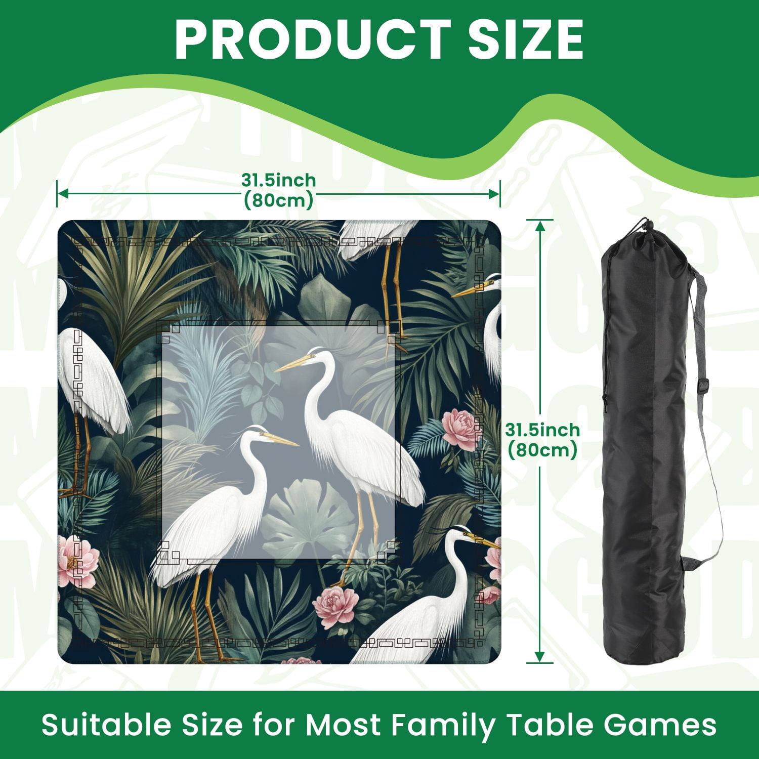 Mahjong Mat 31.5" x 31.5" Seamless chinoiserie style herons birds peonies Non-Slip Noise Reduction American Mahjong Tiles Table Cover for Dominoes Poker Card Board Games Gift